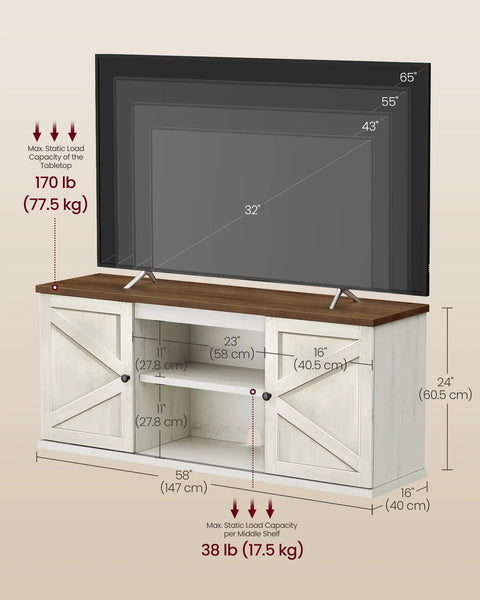 Farmhouse TV Stand Built To Handle 65 Inch TVs With Sliding Barn Doors, Rustic White And Honey Brown Entertainment Center