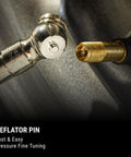 High Pressure Car Tire Gauge With Pencil Style Tread Depth Meter Built In Deflator Valve One Sixteenth Inch Increments Durable Brass Construction Measures Psi And Kpa For Quick Accurate Readings showing deflator pin and tire valve connection