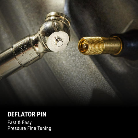 High Pressure Car Tire Gauge With Pencil Style Tread Depth Meter Built In Deflator Valve One Sixteenth Inch Increments Durable Brass Construction Measures Psi And Kpa For Quick Accurate Readings showing deflator pin and tire valve connection
