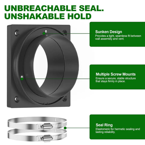 Magnetic Dryer Vent Connector Kit with sunken design, black mounting plate, and two silver clamps for airtight seal