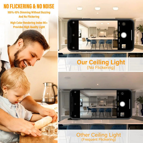 Image depicting a comparison between a 5 Inch Field Selectable 5CCT LED Edgelit Slim Surface Mount Downlight and another light, highlighting no flickering.