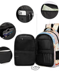 Star Spangled Lamb Print Unisex Backpack open view showing compartments, polyester material, suitable for school and travel.