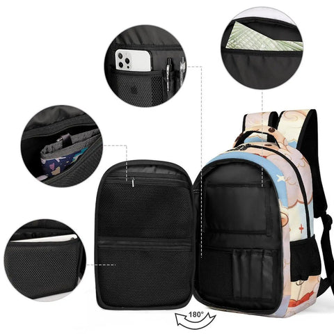 Star Spangled Lamb Print Unisex Backpack open view showing compartments, polyester material, suitable for school and travel.