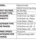 Specifications for 20 Volt Cordless 3-In-1 16 And 18 Gauge Nailer And Stapler Tool Only, includes model, capacity, and firing speed.