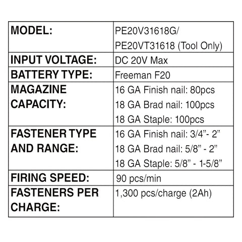 Specifications for 20 Volt Cordless 3-In-1 16 And 18 Gauge Nailer And Stapler Tool Only, includes model, capacity, and firing speed.