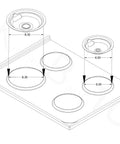 Diagram of Made In USA Chrome Drip Pan Set for Electric Ranges Four Pack with two 6-inch and two 8-inch pans, measurements shown