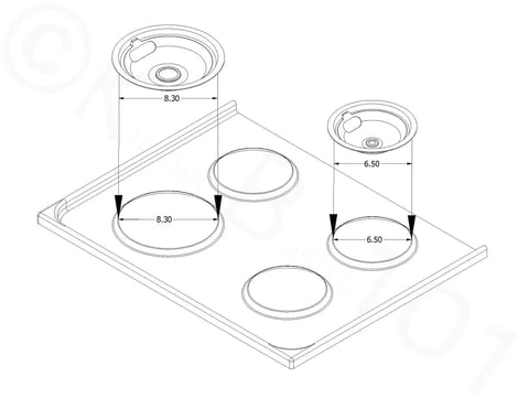 Diagram of Made In USA Chrome Drip Pan Set for Electric Ranges Four Pack with two 6-inch and two 8-inch pans, measurements shown