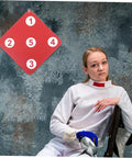 Double-Sided Fencing Target Pro-Grade For Home Practice displayed next to fencer in uniform, showing puncture-resistant design