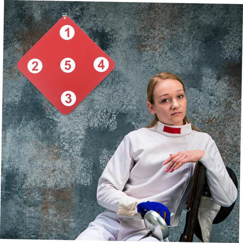 Double-Sided Fencing Target Pro-Grade For Home Practice displayed next to fencer in uniform, showing puncture-resistant design