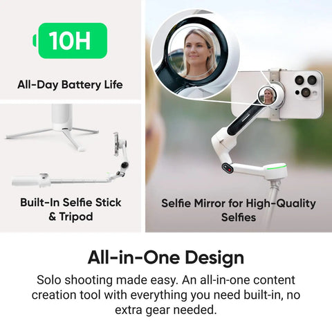 Foldable AI Phone Gimbal Pro Vlog Kit with 360 Pan Tracking, built-in selfie stick, tripod, selfie mirror, all-day battery life display