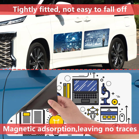 Two Pack Blank Vehicle Magnets 24 By 12 Inches With Rounded Corners Great For Car Ads And Fleet Branding On Cars Trucks And Buses Promote Your Biz And Protect Exterior Doors From Scratches And Pets shown on car and hand removing magnet