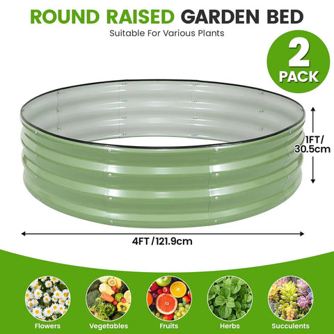 Olive Green Two Pack Galvanized Raised Garden Beds 4x4x1ft Round Design With Safety Rubber Strip Durable Metal Planters