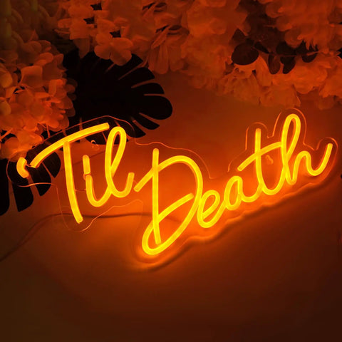 Til Death Neon Light Sign USB Powered LED Decor For Halloween Weddings Parties And Bridal Showers 17 Inch Orange Bedroom Wall Decor With On Off Switch 5V Dope Vibe glowing in dark setting