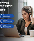 Woman using a laptop with a coffee mug, text highlights benefits of Lithium Orotate 20 Mg Complex Capsules With Magnesium Glycinate and Ashwagandha.