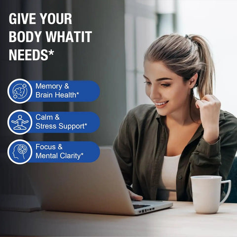 Woman using a laptop with a coffee mug, text highlights benefits of Lithium Orotate 20 Mg Complex Capsules With Magnesium Glycinate and Ashwagandha.