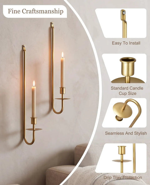Built Tough Matte Black Farmhouse Wall Candle Sconce Holder Set of Two Heavy Duty Thick Iron Metal Wall Decor with Scratch Proof Finish for Warm Ambient Vibes, showcasing two stylish candle holders with lit candles.