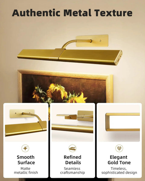 Rechargeable Picture Light With Remote, 16 Inch Wireless Dimmable LED Wall Light in gold finish, installed above art piece.