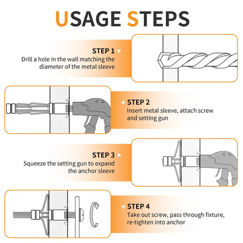 Usage steps for 13 Pack Heavy Duty Molly Bolts M8-52 Zinc Plated Steel Drywall Wall Anchors for secure installation.