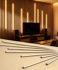 8 Pcs LED Recessed Light Kit Touch Control Dimmable 3000K Warm COB Strip Lighting on a wall accent for a cozy media room.