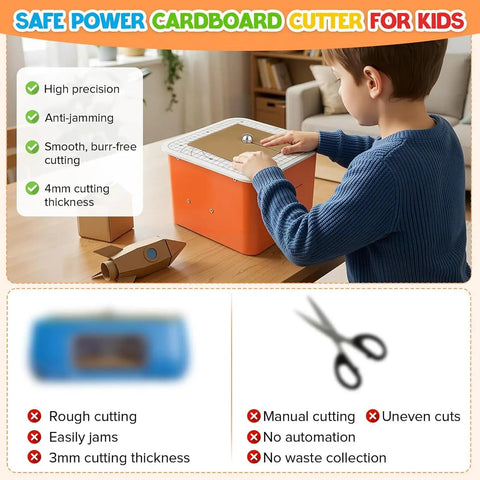 Child using Electric Cardboard Cutter With Precision Cutting Tool For DIY Crafts and 3D Models, safe for school projects, up to 4mm thick.