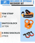 Offroad Recovery Kit With 10 Ton Heavy Duty Winch Snatch Block Pulley, 3 Inch By 8 Foot Tree Saver Strap, And Two Three Quarter Inch D Ring Shackles For Tough Vehicle Recovery including components.