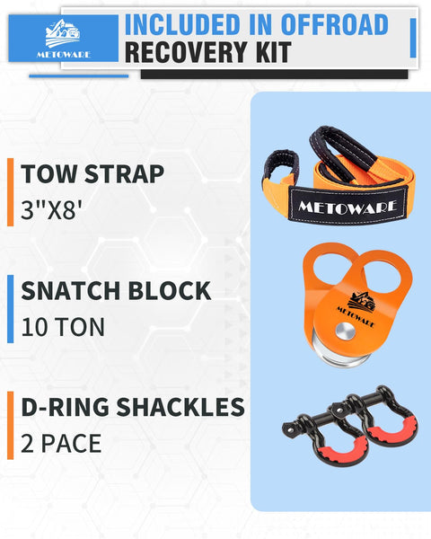 Offroad Recovery Kit With 10 Ton Heavy Duty Winch Snatch Block Pulley, 3 Inch By 8 Foot Tree Saver Strap, And Two Three Quarter Inch D Ring Shackles For Tough Vehicle Recovery including components.