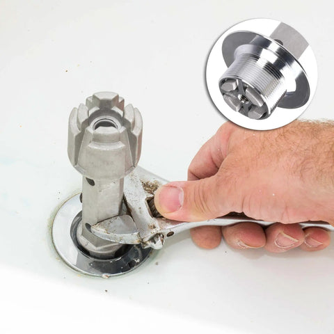 Hand using Tub Drain Remover Wrench Tool For Shower And Bathtub Built Tough Aluminum Dual Ended Fits 1 3 8 Inch And 1 1 2 Inch Drain Shoes PL0030 Easy Removal And Installation