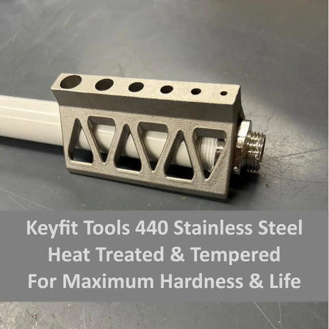 Pipe Drill Jig for Cylinders and Pipes Contractor Grade 440 Stainless Steel Heat Treated for Maximum Hardness and Life attached to a pipe.