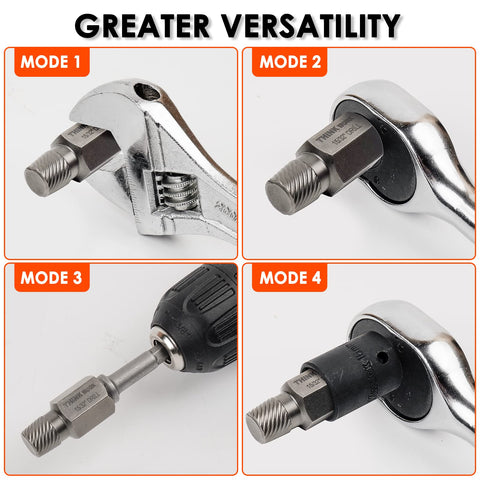 Four modes showing Broken Bolt Extractor Kit With 54 Pieces Easy Out Set For Damaged Bolts used with hand and power tools.