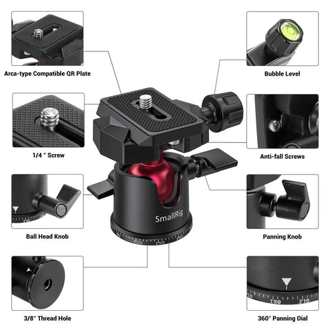 All Purpose Mini Ball Head For Tripods And Monopods 360 Degree Panoramic Rotation details with adapters and quick release plate