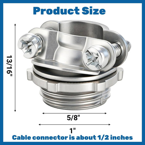 50 Pack Half Inch Clamp Type Cable Connectors For NM Cable, Zinc Alloy And Steel Electrical Conduit Fittings, product size guide
