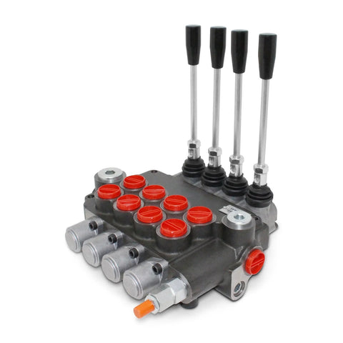 Front view of monoblock hydraulic directional valve, 4-spool, gray metal body with red port caps.