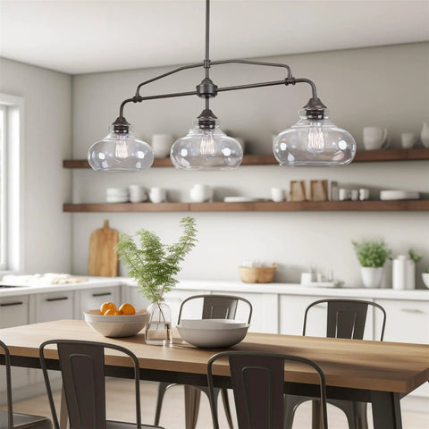 38 Inch 3 Light Modern Schoolhouse Island Light With Clear Glass Shades, Industrial Farmhouse Oil Rubbed Bronze Finish in kitchen