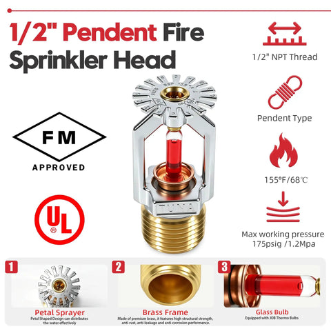 Two Pack Of Top Shelf Fm Approved And Ul Cul Listed Pendent Fire Sprinkler Heads With Swanky Chrome Finish Standard Response 155 Degree F K Factor 5 6 K 80 Model Half Inch Npt Thread, showing chrome sprinkler head with NPT thread.