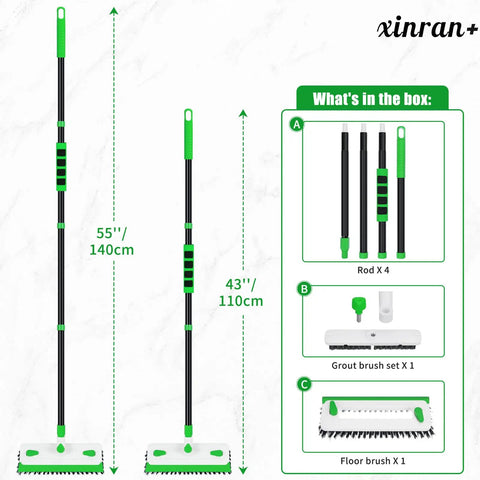 Long Handle Floor Scrub Brush With 3 In 1 Scraper Squeegee And Stiff Bristle Deck Brush For Cleaning Tile Bathroom Patio Deck Garage Grout Kitchen Indoor Use, showing adjustable poles and brush attachments