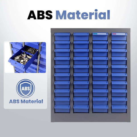 40 Drawer Nut And Bolt Organizer Cabinet With Alloy Steel And ABS Construction, blue drawers filled with small hardware parts
