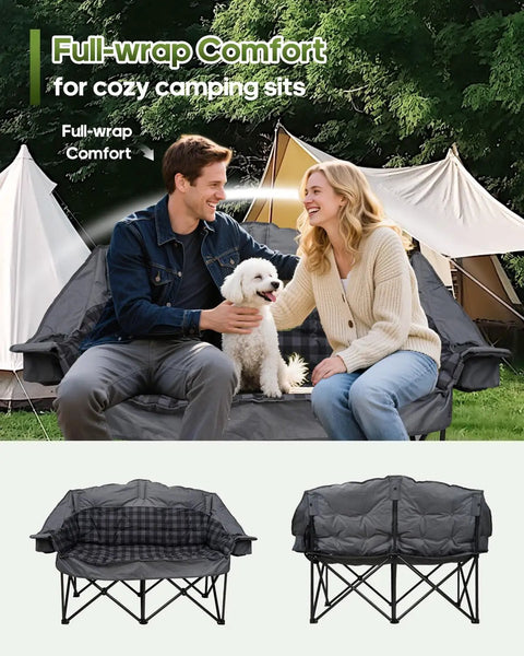 Couple sitting on Oversized Double Camping Chair Padded Loveseat With Cup Holders For Two Adults Super Comfy Heavy Duty