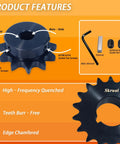 Rock Hard 16 Tooth #40 Roller Chain Sprocket With 1-1/4 Inch Bore Keyway Heavy Duty Black Oxide Finish showing keyway and set screws.