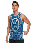 Men's Mechanical Gears Blue Muscle Tank Top Breathable Mesh Workout Shirt With Zipper Pocket Lightweight Moisture Wicking Gym Running Tee Grind Mode Activated Now on a model, showcasing gear design and side pocket.
