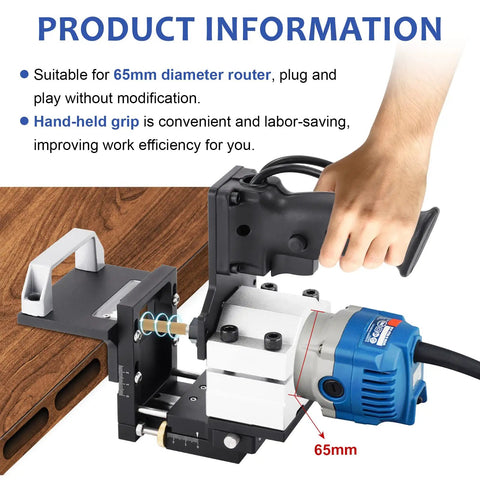 2-In-1 Invisible Fastener Slotting Bracket And Router Mortising Jig For Mortise And Tenon Work, attached to 65mm router