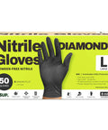 Heavy Duty 8 Mil Nitrile Gloves Featuring A Rock Solid Diamond Grip Pattern Chemical Resistant And Powder Latex Free Construction Ideal For Kitchen Tasks Or Shop Work Tough As Nails Black Set Of 50 Large packaging with hand reaching out.