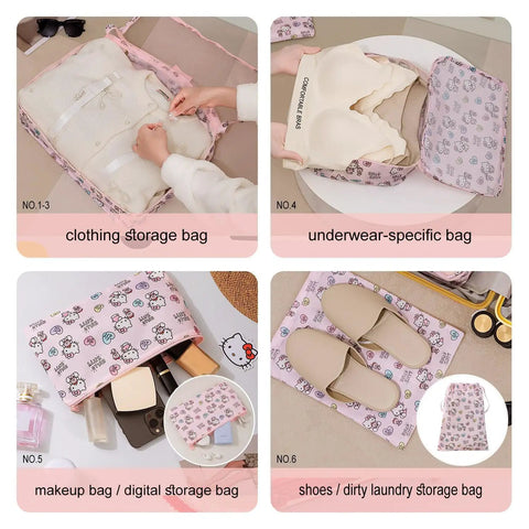 6 Piece Travel Packing Cubes Set Waterproof Pink Twill Luggage Organizers For Business Trips And Vacays Keep Clothes Wrinkle Free Space Saving Storage showing clothing, underwear, makeup, and shoe bags.