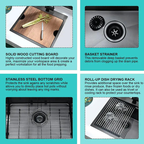 15 Inch Drop-In Bar Sink Workstation With Solid Wood Cutting Board, 16 Gauge Stainless Steel Single Bowl, Outdoor RV Kitchen Prep Sink