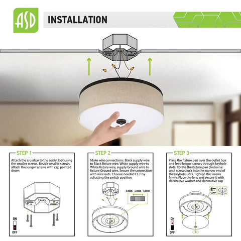 Installation guide for 15 Inch Round LED Flush Mount Light Fixture With Dimmable 23W 1400 Lumens 3000K 4000K 5000K 3CCT