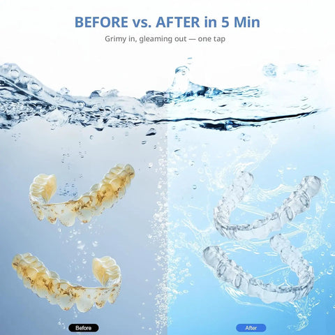 Before and after retainer cleaning in water, showing stained and clear aligners; Cordless Ultrasonic Retainer Cleaner 50kHz Rechargeable Cleaning Pod With Built In Mirror For Jewelry Aligners Braces Toothbrush Heads Night Guards Dentures Deep Cleaning On The Go