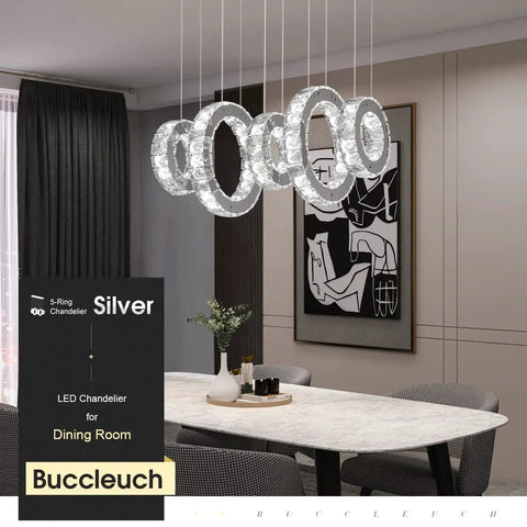 Five Ring Crystal Chandelier Pendant Light With Height Adjustable Stainless Steel Frame Dope K9 Crystals UL Certified Dimmable LED 6000K 4400lm For Dining Room Living Room Bedroom over a dining table