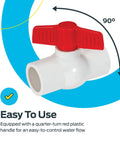 Heavy Duty 3/4 X 3/4 Inch Schedule 40 PVC Quarter Turn Ball Valve With Slip Fit Ends Rated At 150 Psi showing red handle for easy flow control.