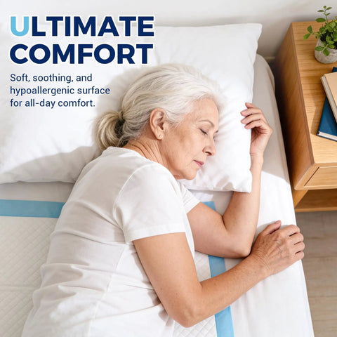 Heavy Duty Disposable Bed Pads 30 X 36 Inch Extra Large Underpads 50 Pack on bed protecting mattress while elderly woman sleeps.