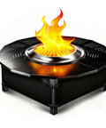 40 Inch Adjustable Fire Pit Surround Tabletop For Bonfire And Ranger Stoves, Powder Coated Steel Top With UV Resistant Fabric, Indoor Outdoor Use, 24 Inch Inner, Fits Most Wood Burning Fire Pits, Stable, Easy Setup. Black fire pit surround with flame.