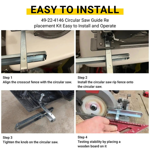 Top Shelf Circular Saw Rip Fence Replacement Guide 49 22 4146 installation steps showing alignment and testing process.